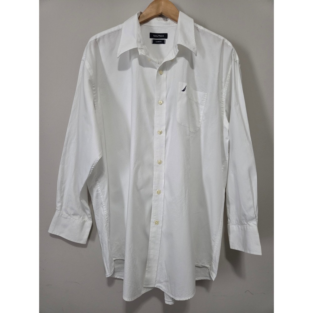 Nautica Mens Classic Fit White Long Sleeve Button Down Shirt 17.5 32/33 Cotton